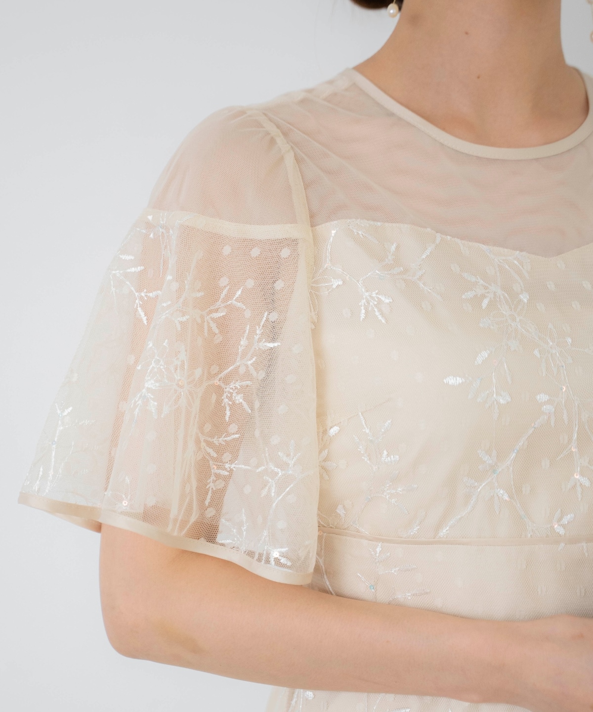 小花柄刺繍ドットチュールドレス