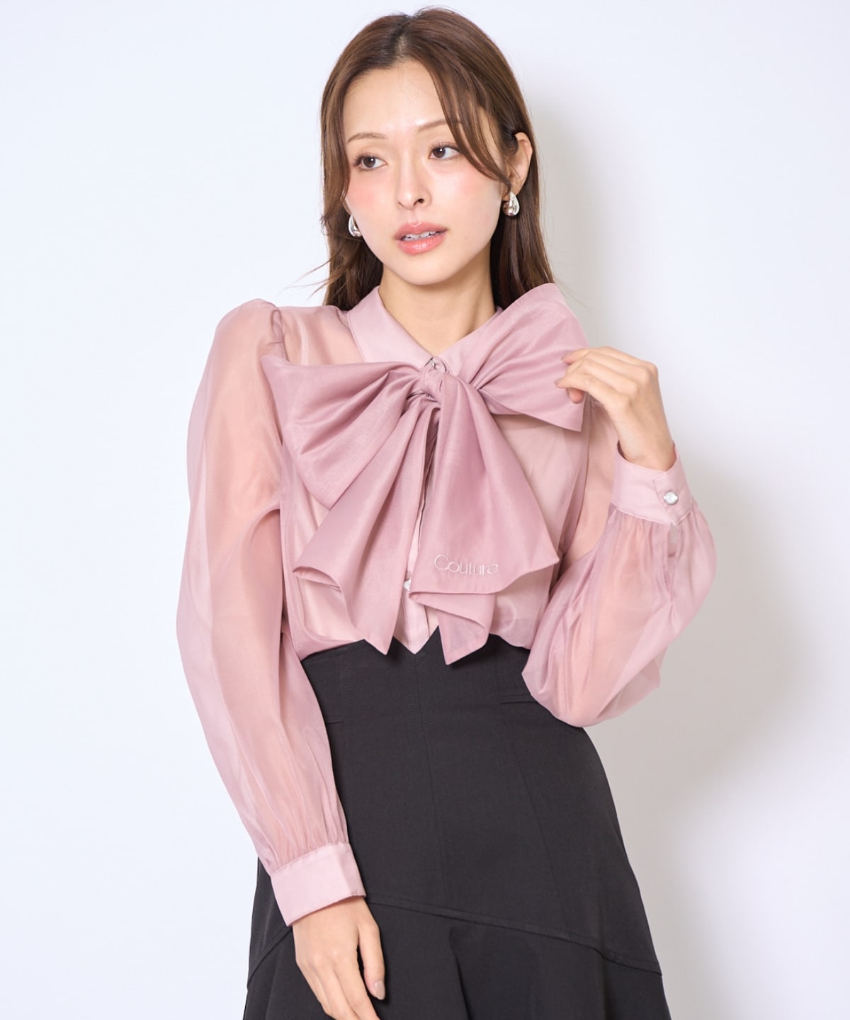 バタフライリボンシアー長袖ブラウス