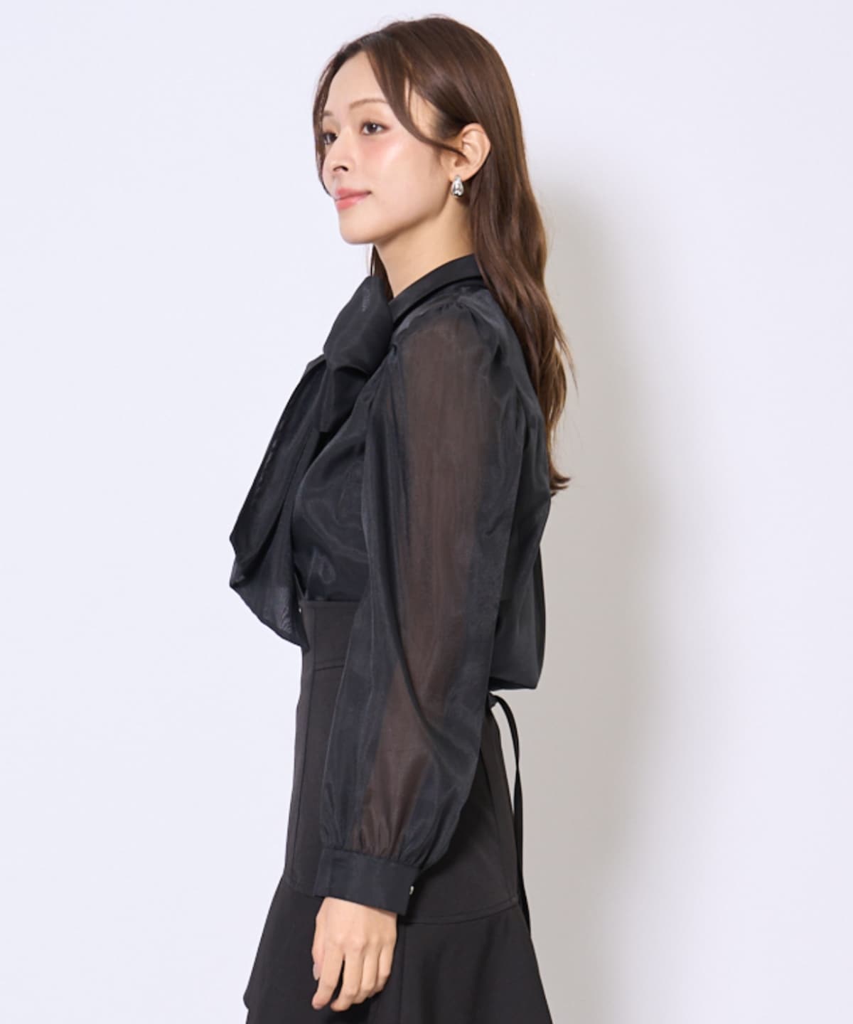 バタフライリボンシアー長袖ブラウス