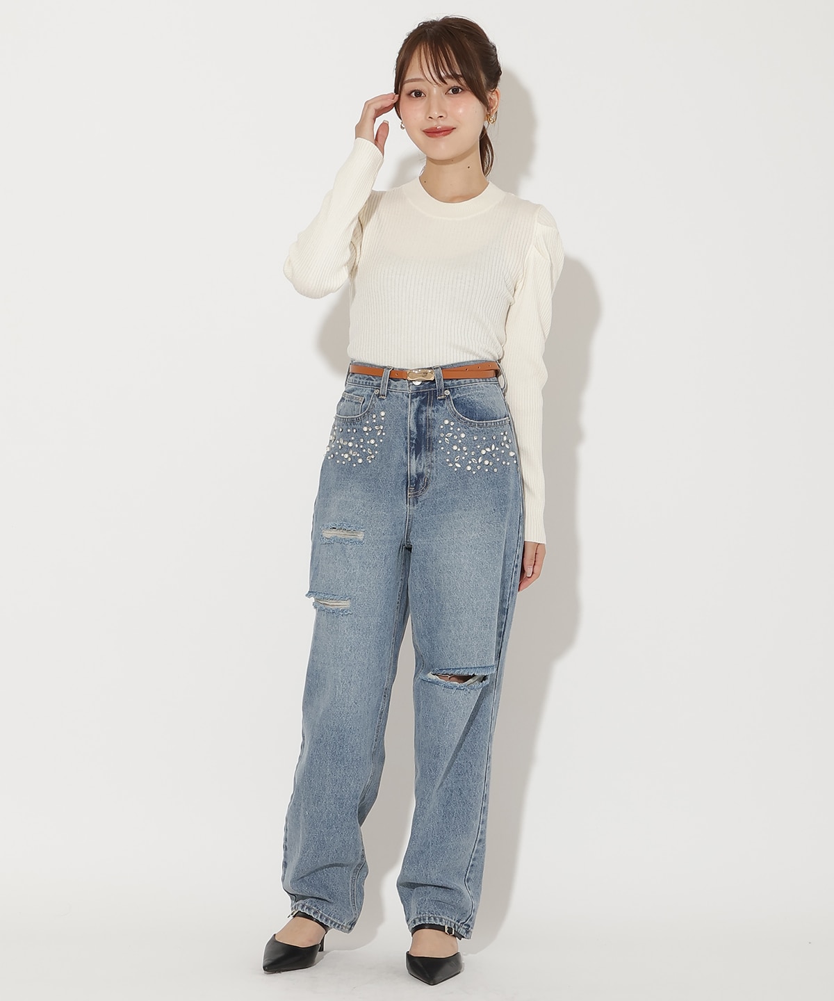 パール×ビジューダメージデニム