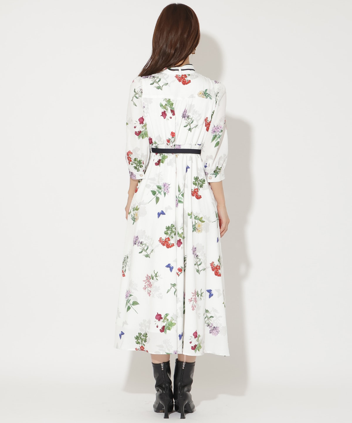 クラシックフラワープリント7分袖ワンピース