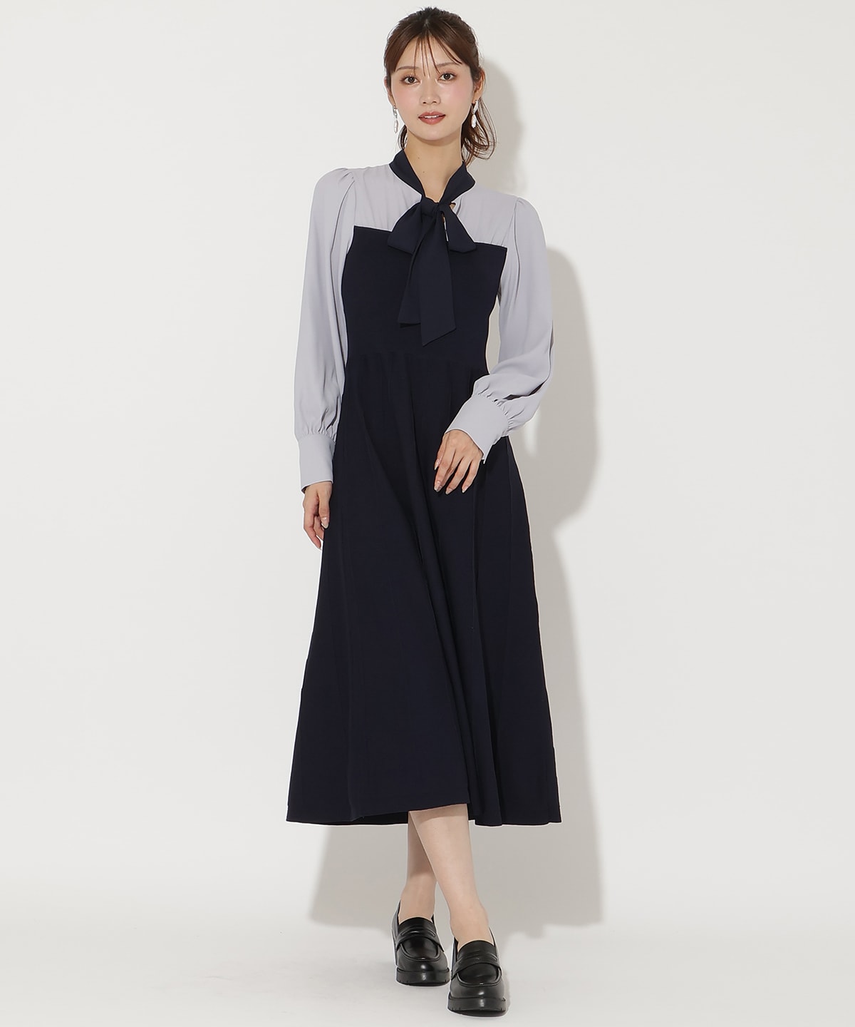 ニットビスチェ風リボンタイワンピース