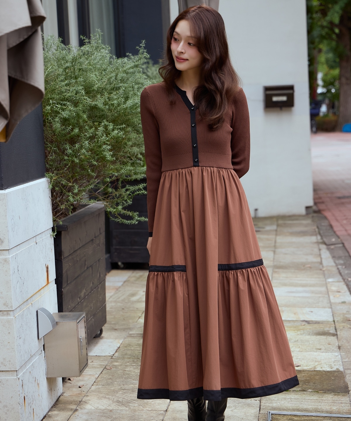 配色ニットドッキングワンピース