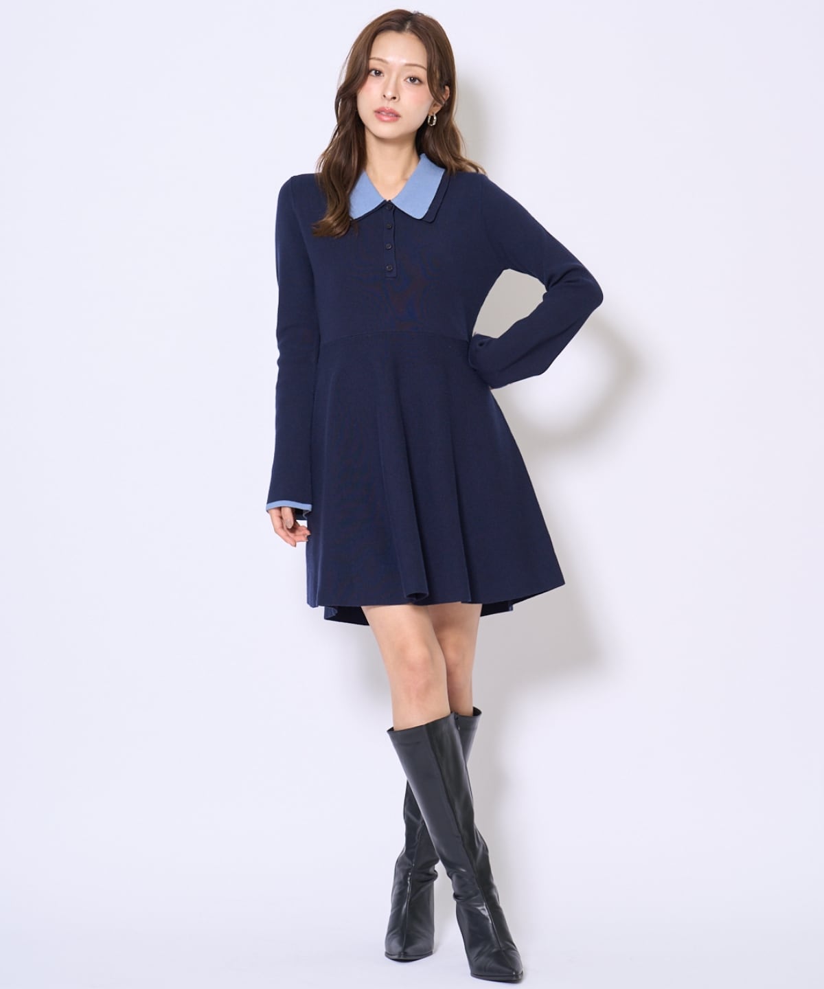 バイカラーポロニットフレアミニワンピース