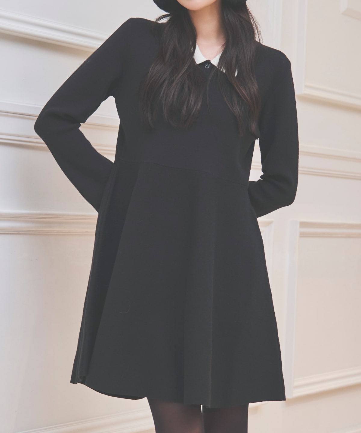 バイカラーポロニットフレアミニワンピース