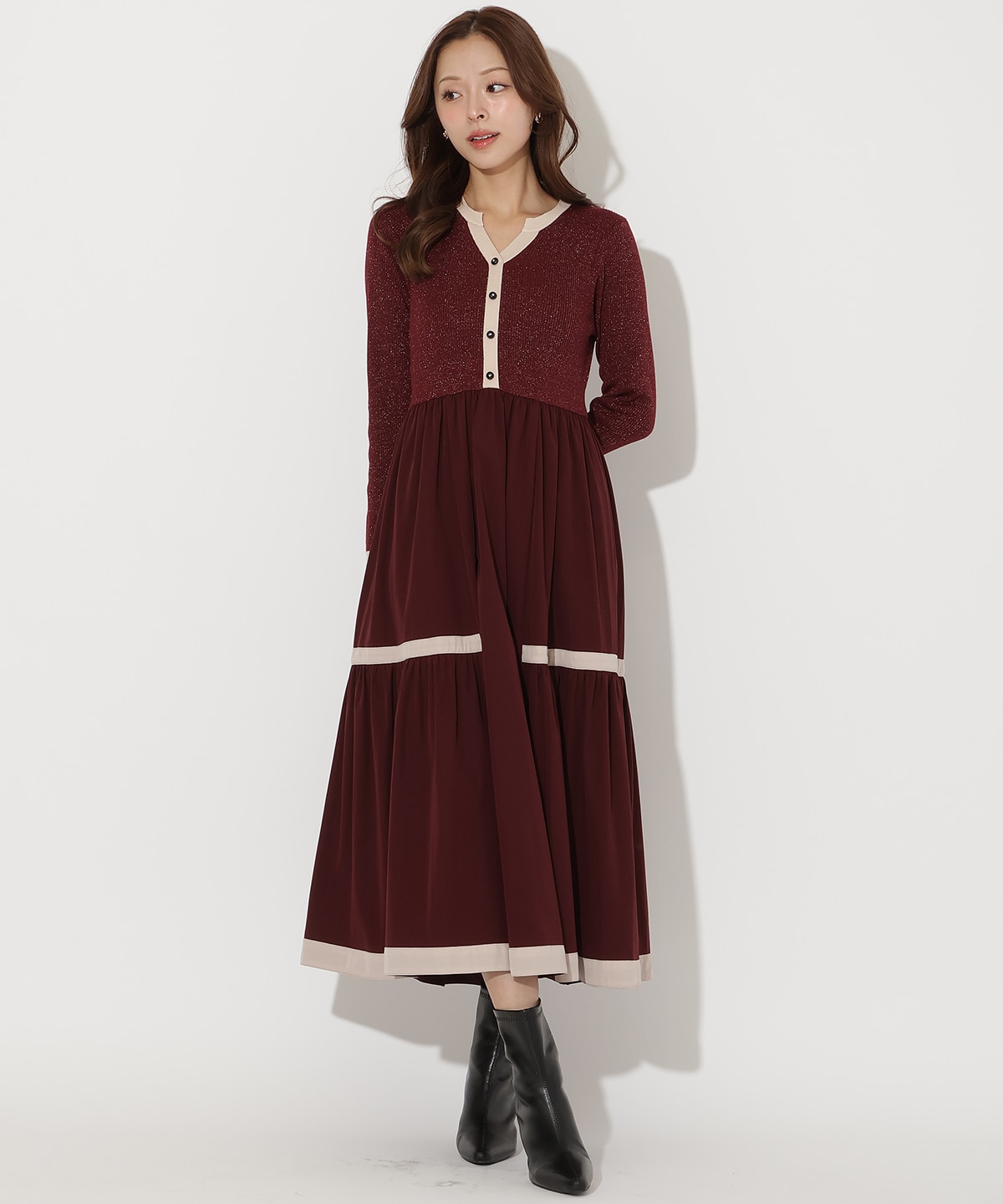 ラメ入り配色ドッキングワンピース