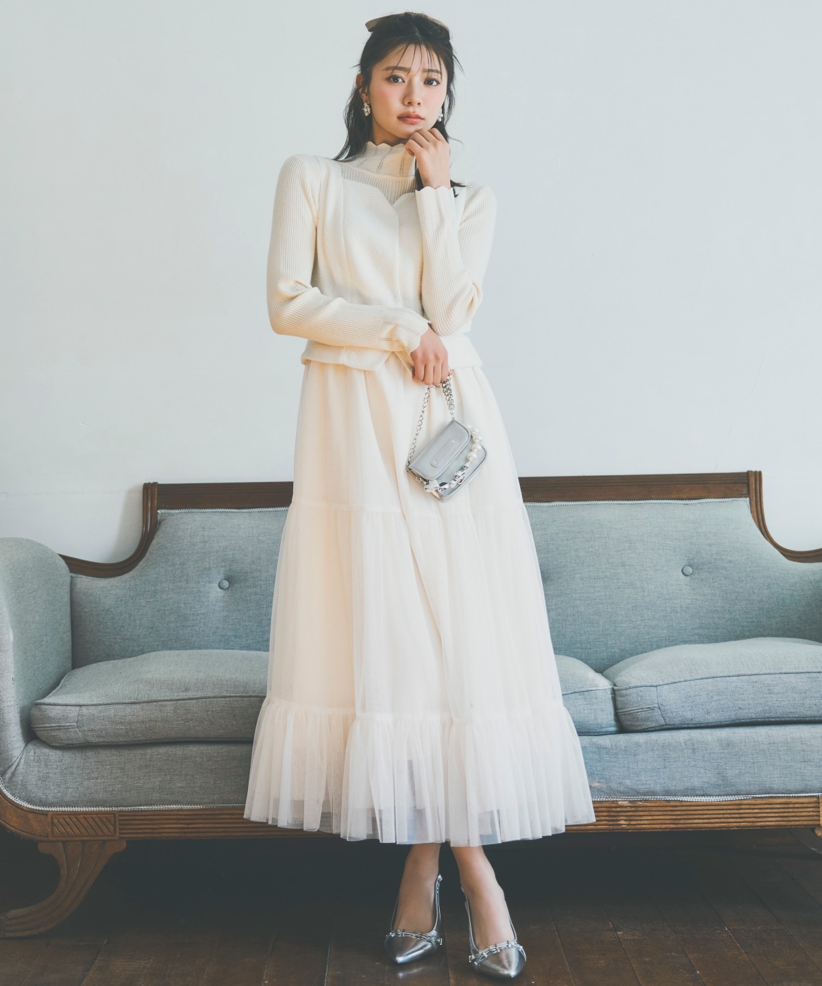 ツイード×チュールドッキングワンピース