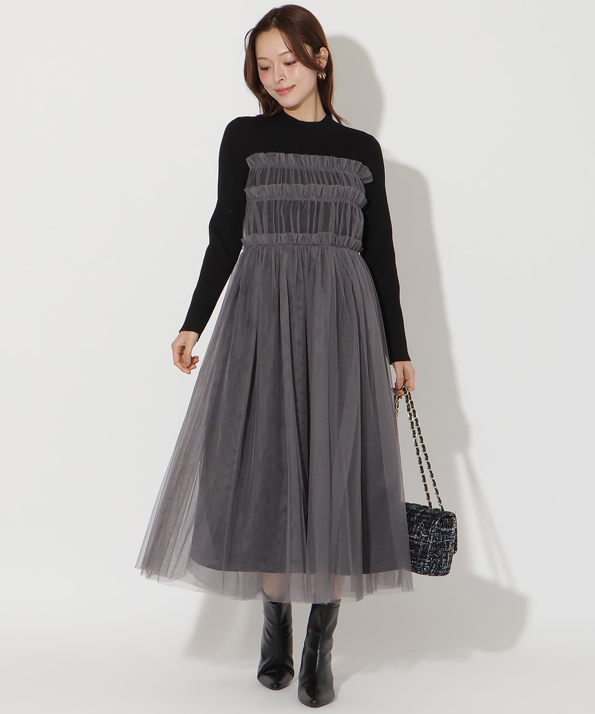 チュールギャザードッキングワンピース