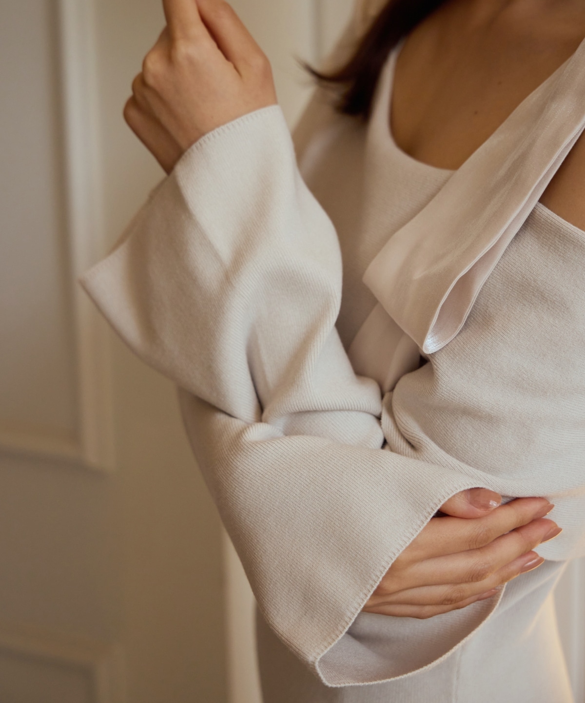 ショルダーリボンニットドッキングワンピース