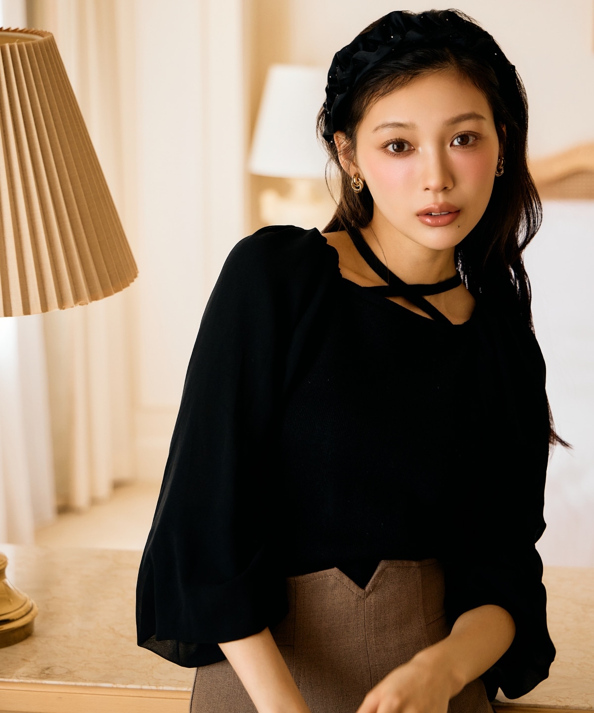 7分袖ホルターリボンニットプルオーバー