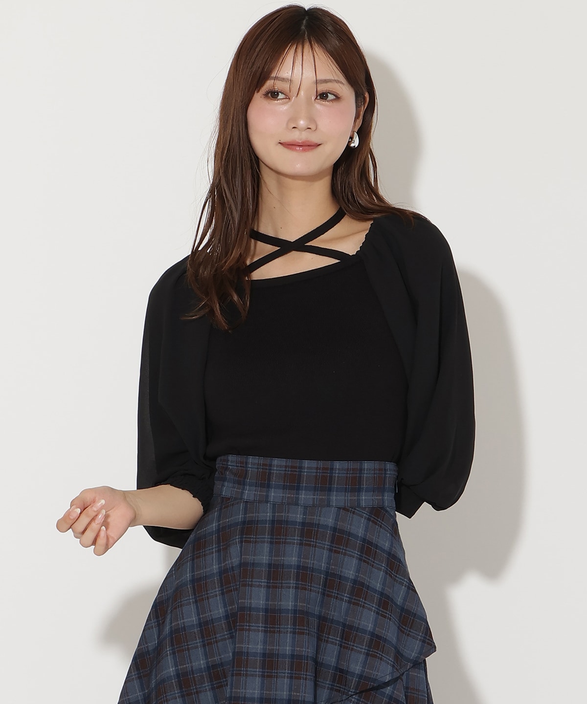 7分袖ホルターリボンニットプルオーバー