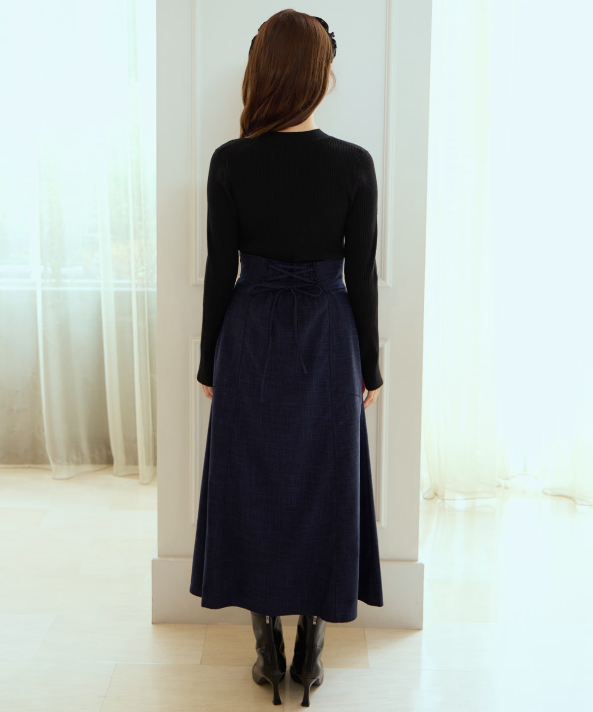 リボンボウタイ付きリブプルオーバー