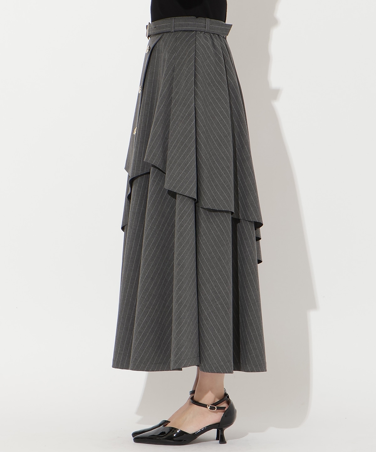 【先行予約受付中】ベルト付きレイヤードデザインフレアスカート