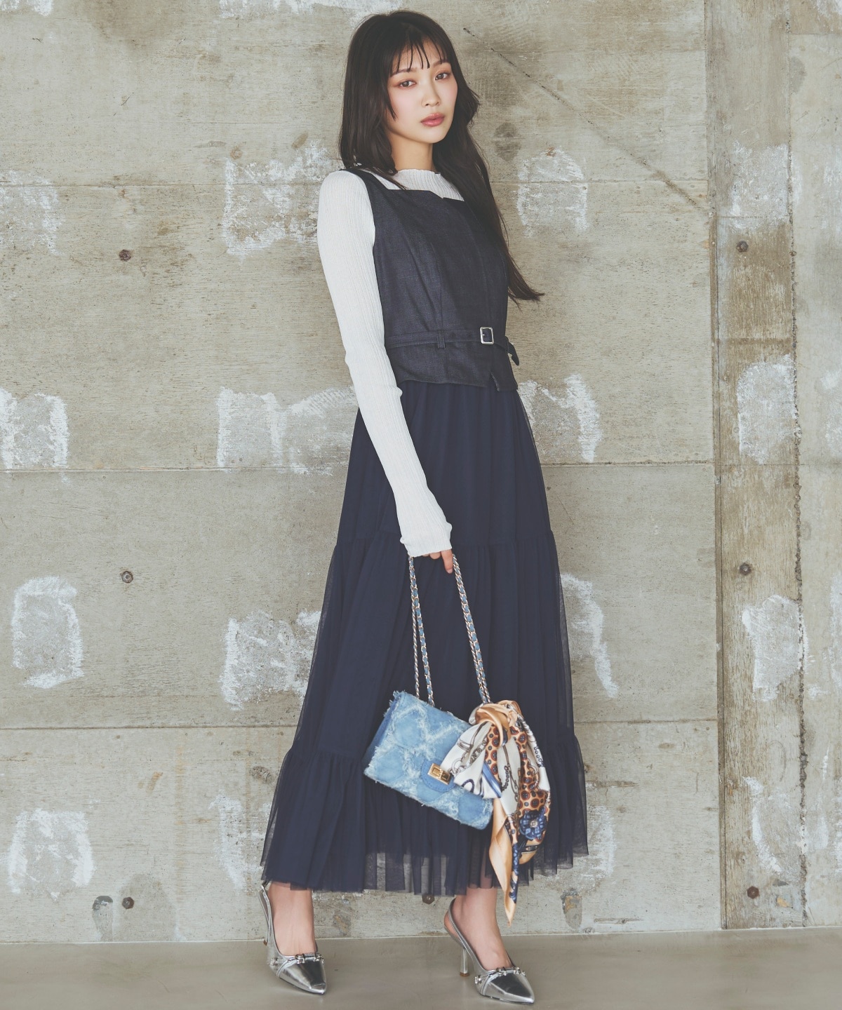 異素材ドッキングチュールワンピース