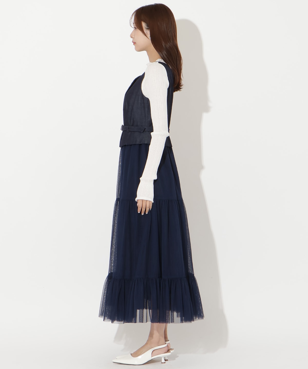 異素材ドッキングチュールワンピース