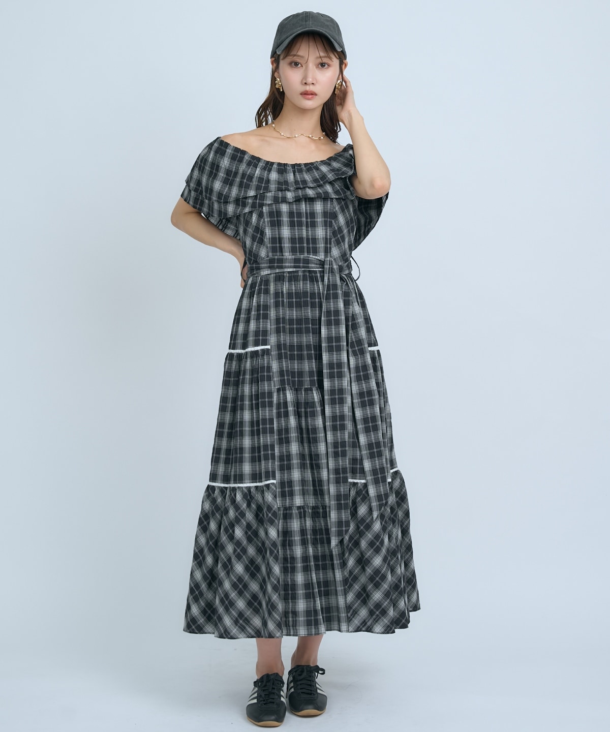 【先行予約受付中】オフショルチェックフレアワンピース