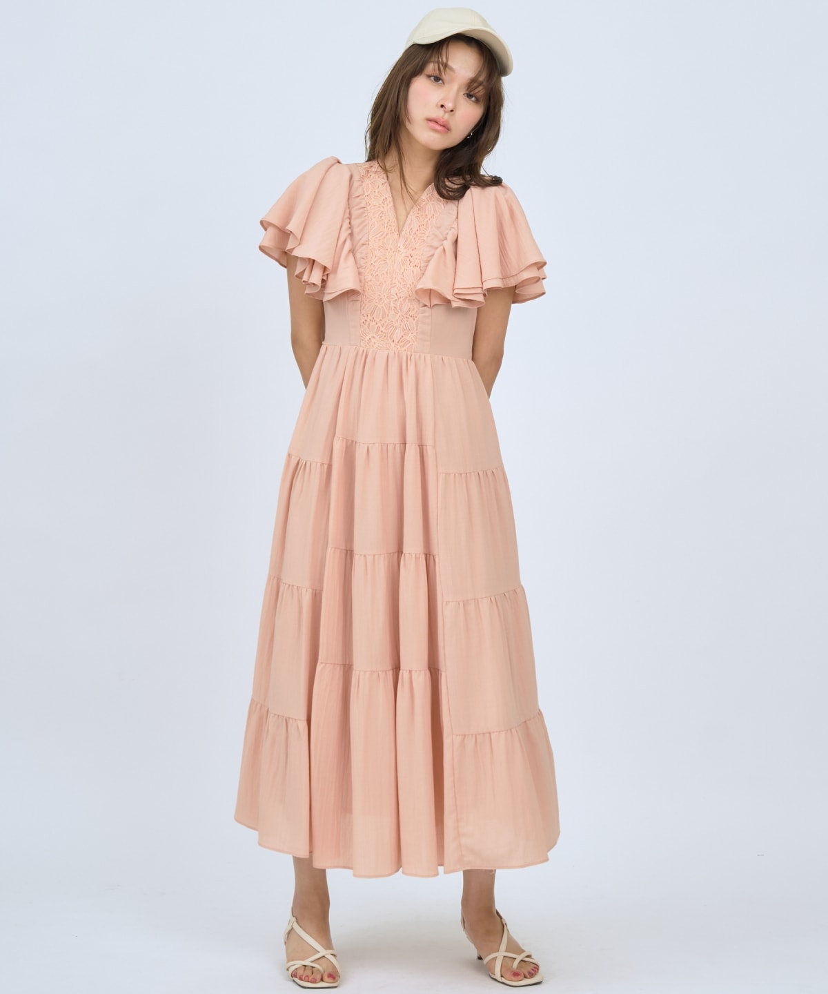 【先行予約受付中】Vネック襟レースティアードワンピース