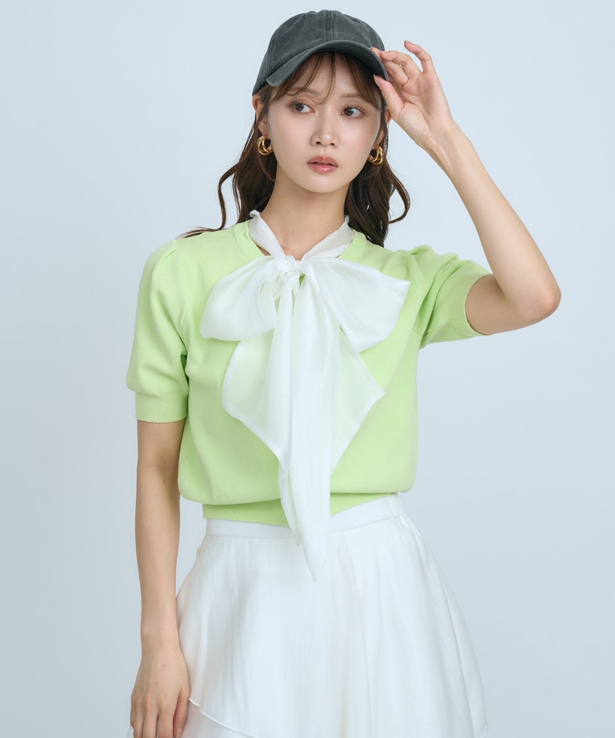 【先行予約受付中】異素材リボン半袖ニットカーディガン