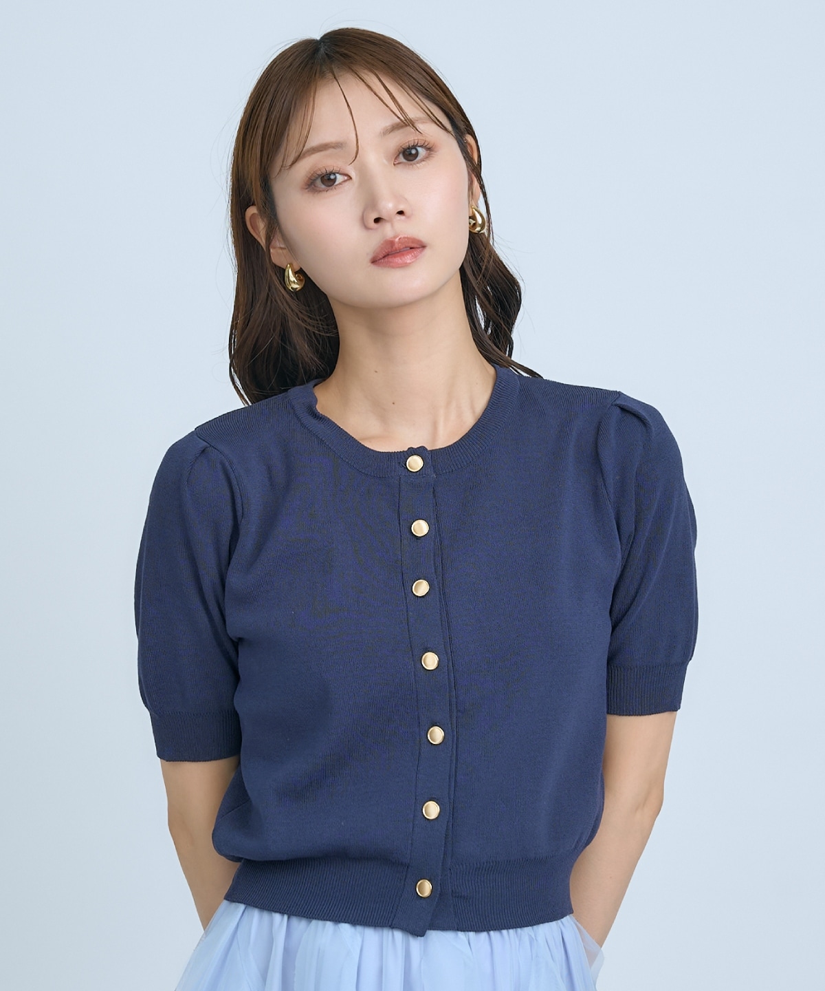 【先行予約受付中】異素材リボン半袖ニットカーディガン