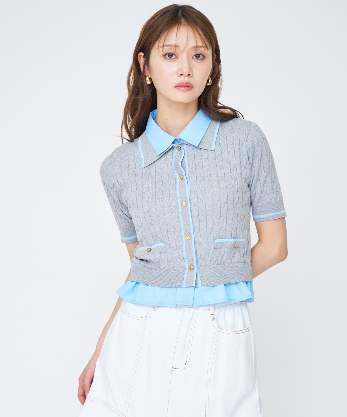 【先行予約受付中】配色シャツ襟ペプラムニットプルオーバー