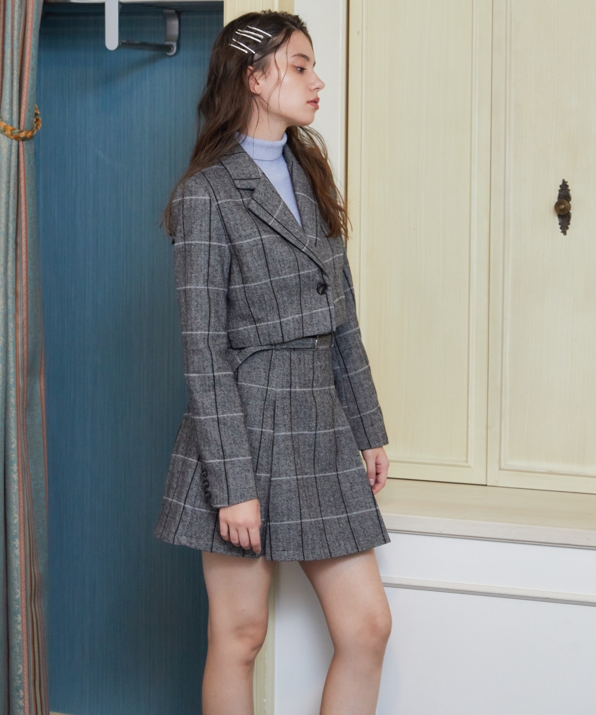 【セットアップ可能】ヘリンボーンチェックテーラーショートジャケット