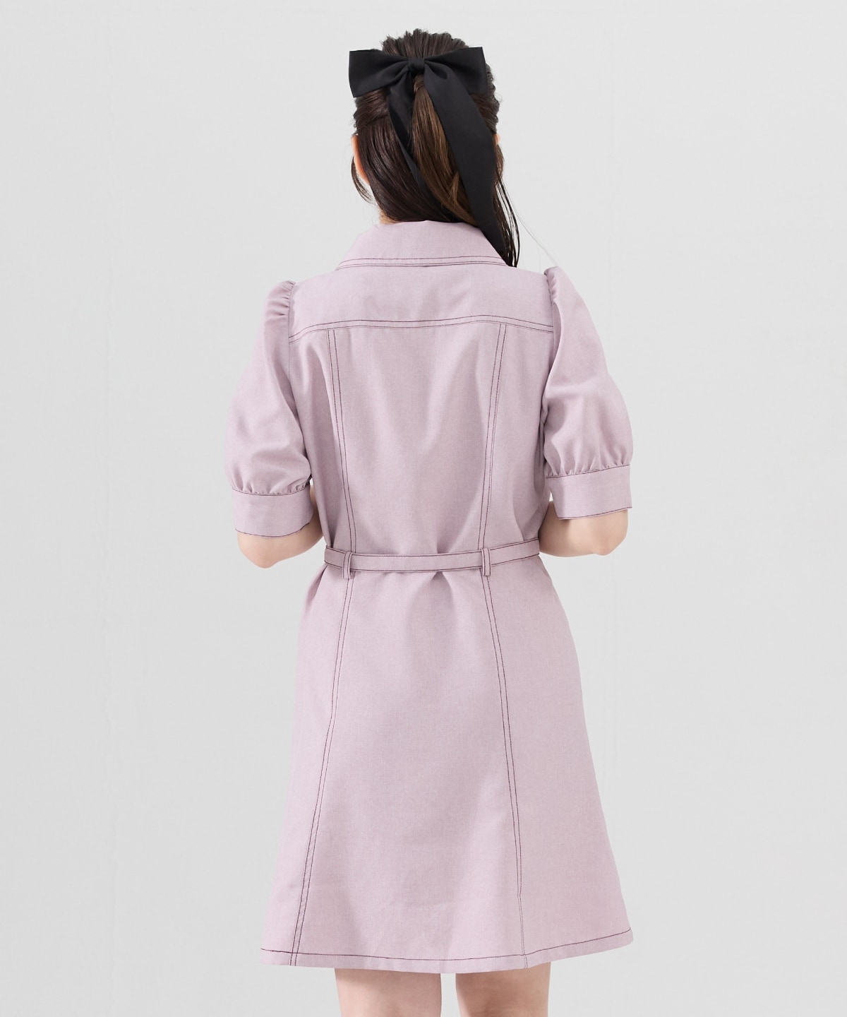 バイカラーステッチアシメデザイン半袖ミニワンピース