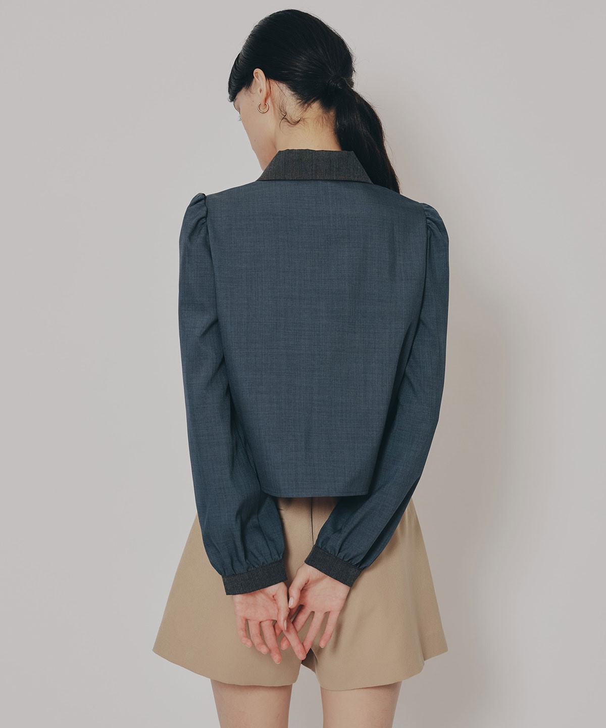 チェックバイカラーリボンタイブラウス