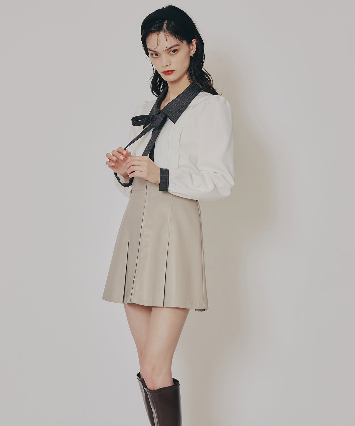 【セットアップ可能】フェイクレザーBOXプリーツミニスカート