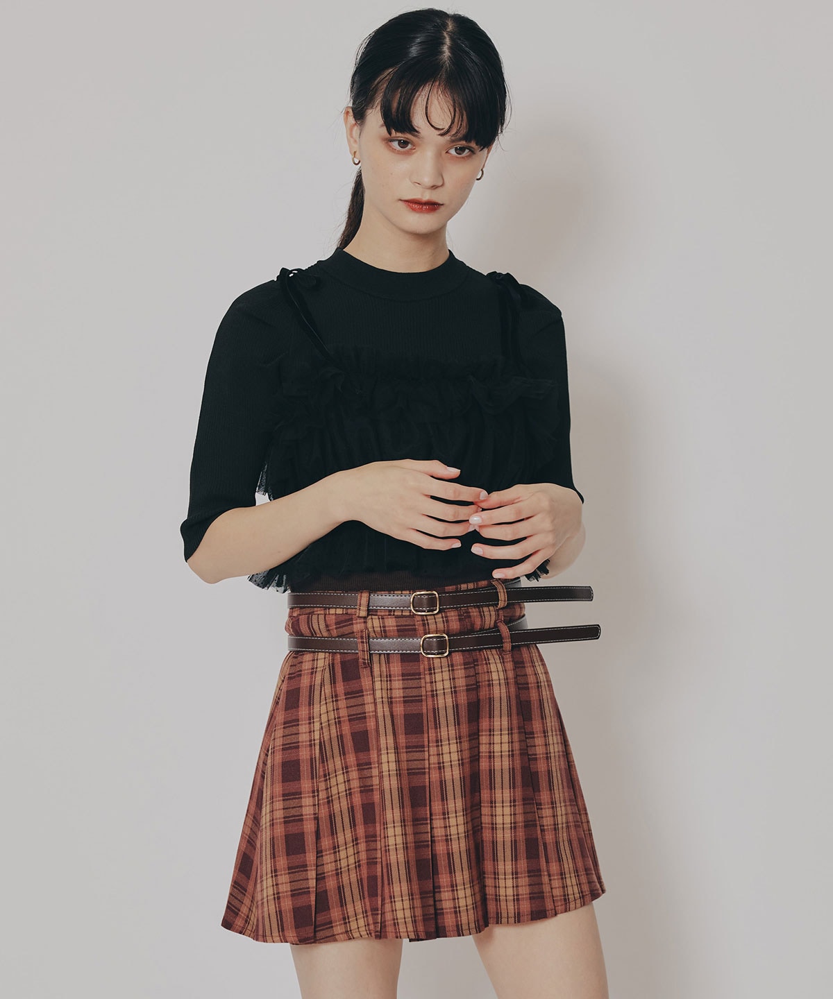 ダブルベルトチェックプリーツミニスカート