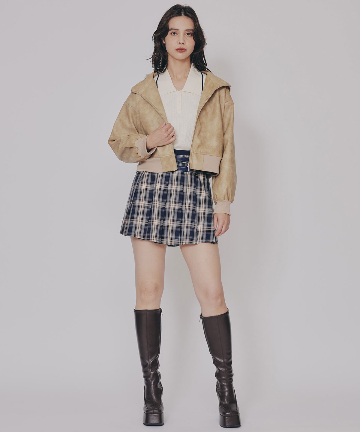 ダブルベルトチェックプリーツミニスカート