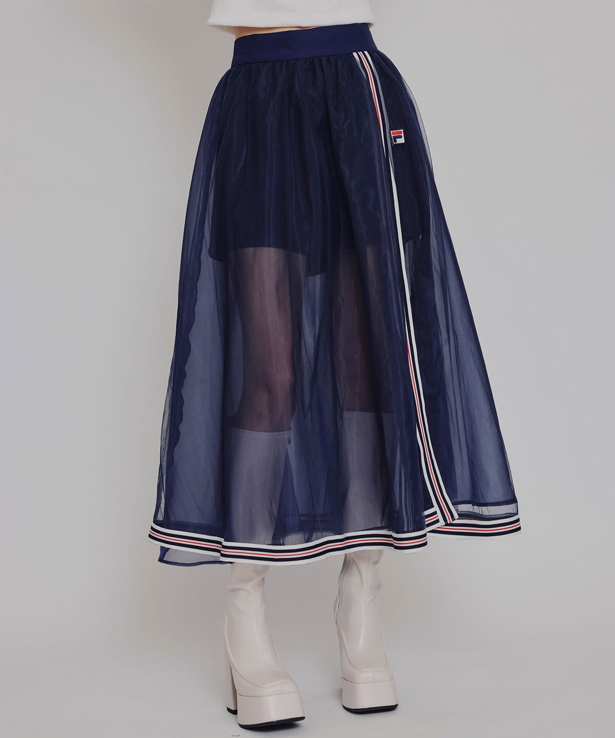 ［FILA×REDYAZEL］チュールレイヤードショートパンツ×トリコロールラインスリットロングスカート