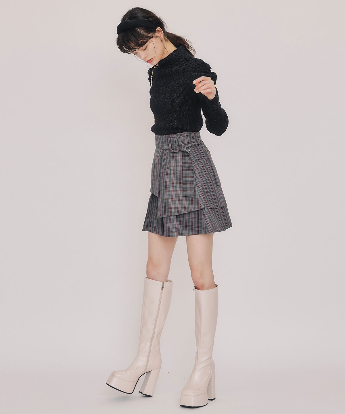 レイヤードライクチェックプリーツミニスカート