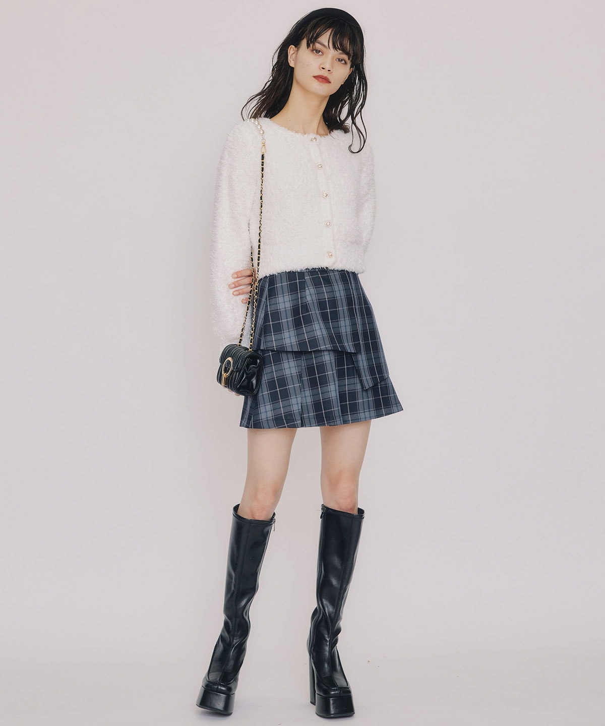 レイヤードライクチェックプリーツミニスカート