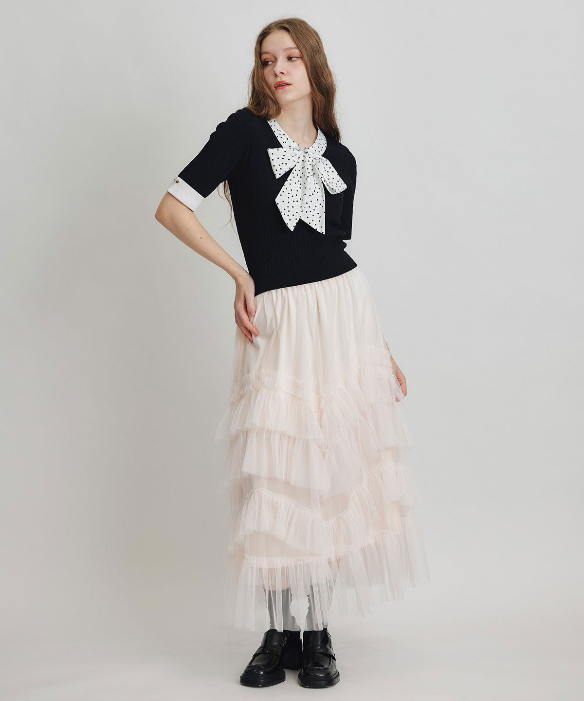 ギャザーチュールティアードロングスカート