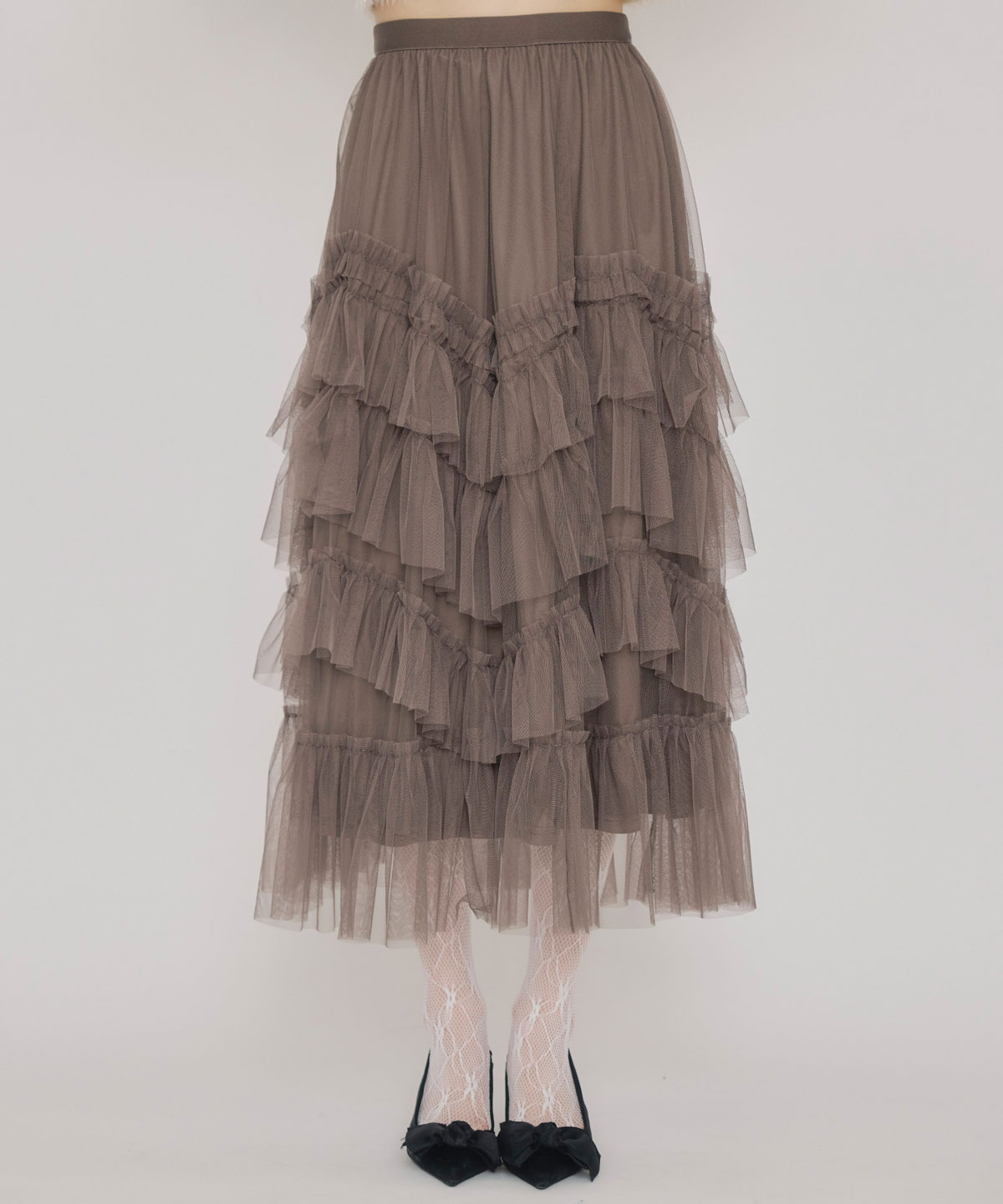 ギャザーチュールティアードロングスカート