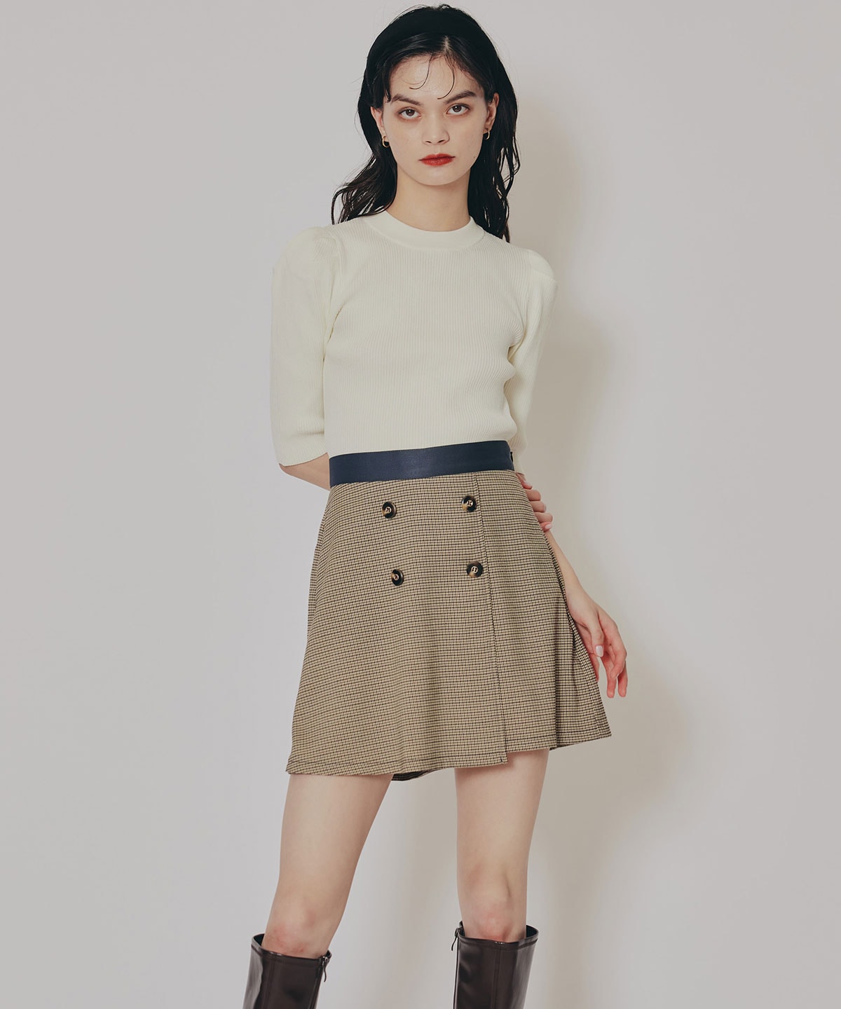 【セットアップ可能】グレンチェックミニラップスカートライクショートパンツ