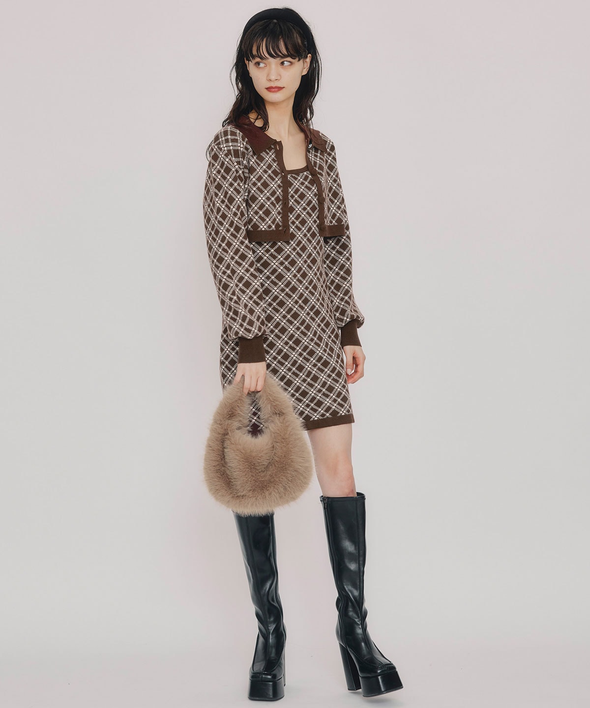 クラシカルニットカーディガン×キャミソールニットワンピースセットアップ