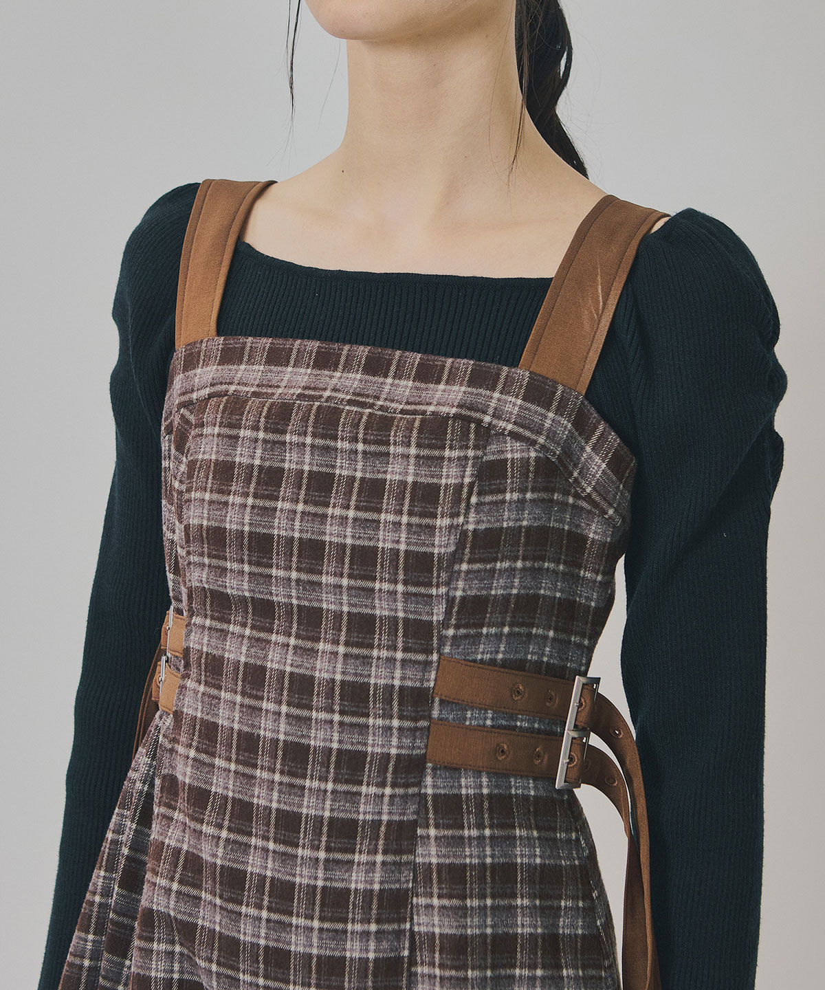 チェックショートジャケット×Wベルトワンピースセットアップ