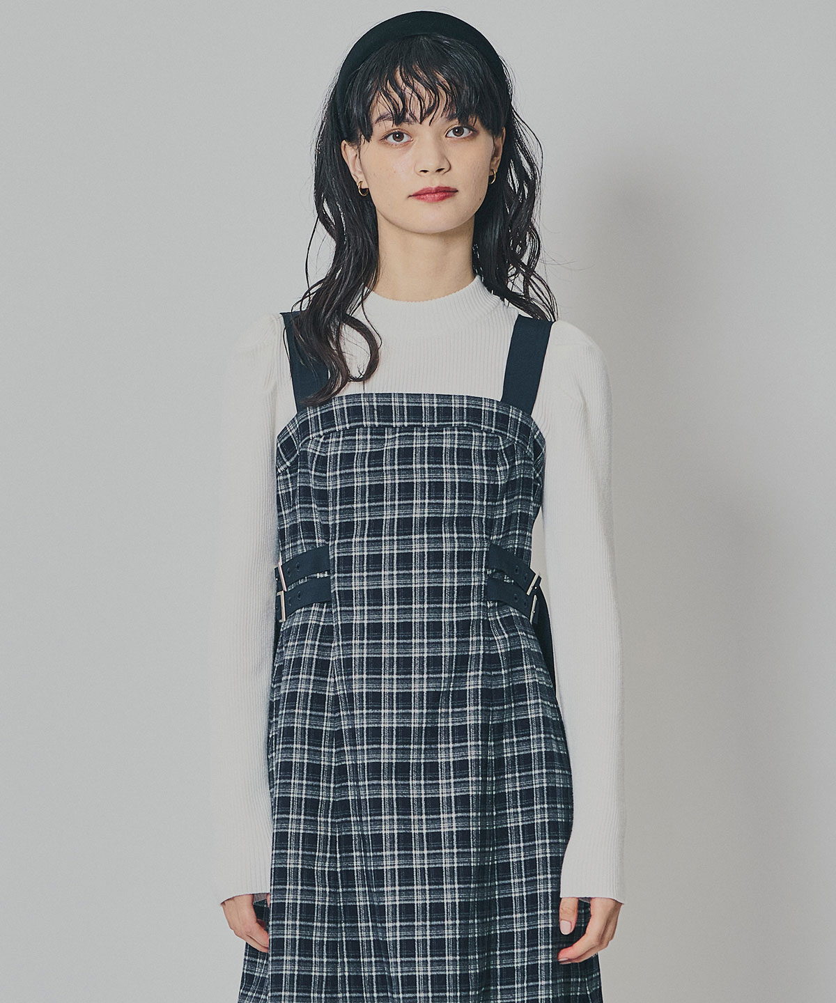 チェックショートジャケット×Wベルトワンピースセットアップ