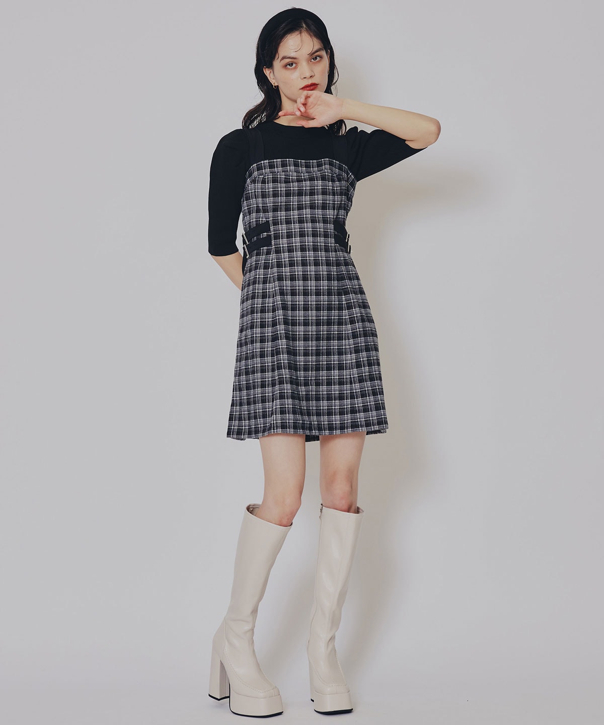 チェックショートジャケット×Wベルトワンピースセットアップ