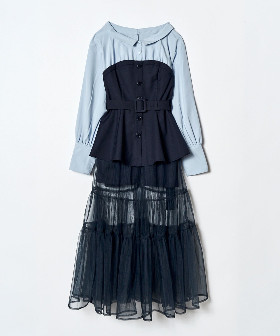 シャツドッキングチュールワンピース&ショートパンツセットアップ