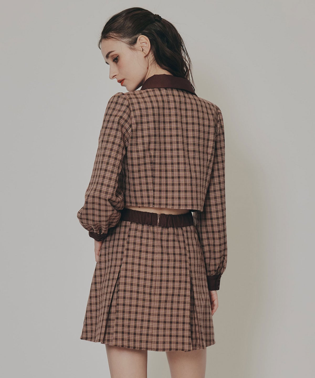 バイカラークラシックチェックブラウス×ミニスカートセットアップ