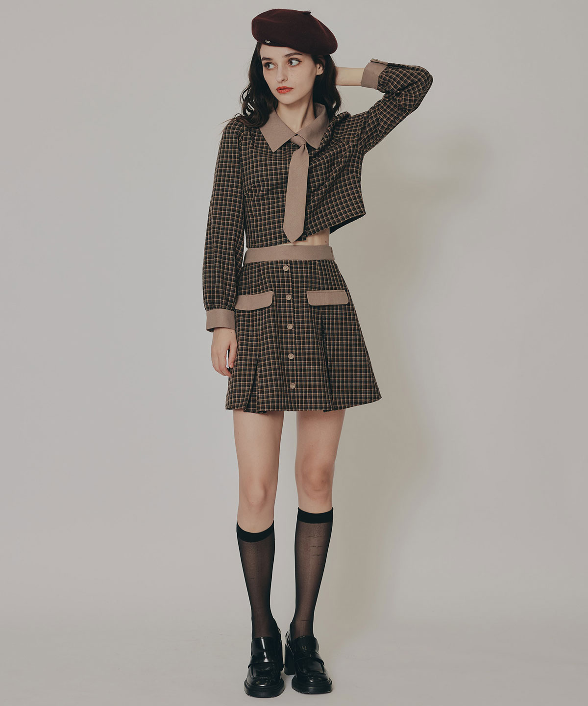 バイカラークラシックチェックブラウス×ミニスカートセットアップ