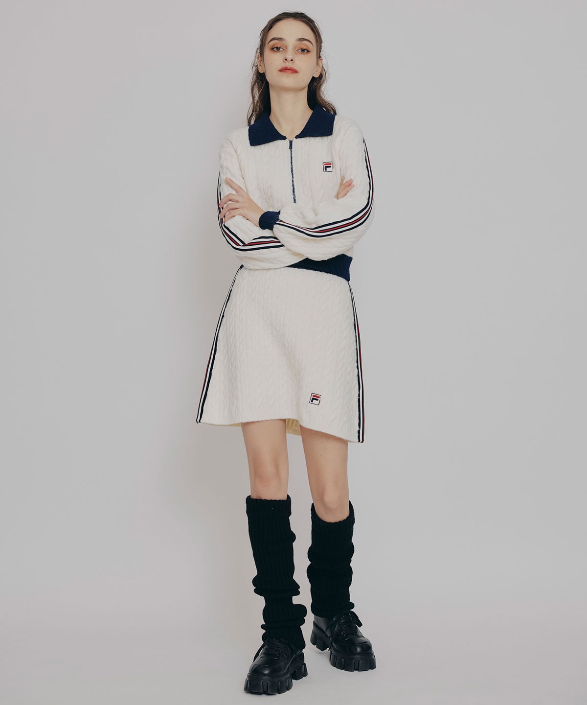 ［FILA×REDYAZEL］ケーブルニットトリコロールラインジャケット×タイトミニスカートセットアップ