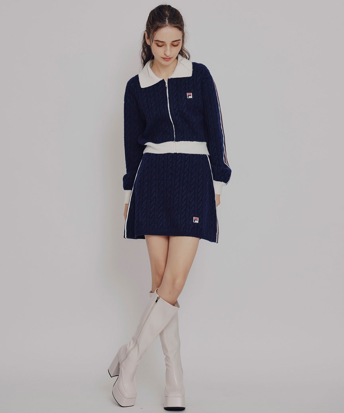 ［FILA×REDYAZEL］ケーブルニットトリコロールラインジャケット×タイトミニスカートセットアップ