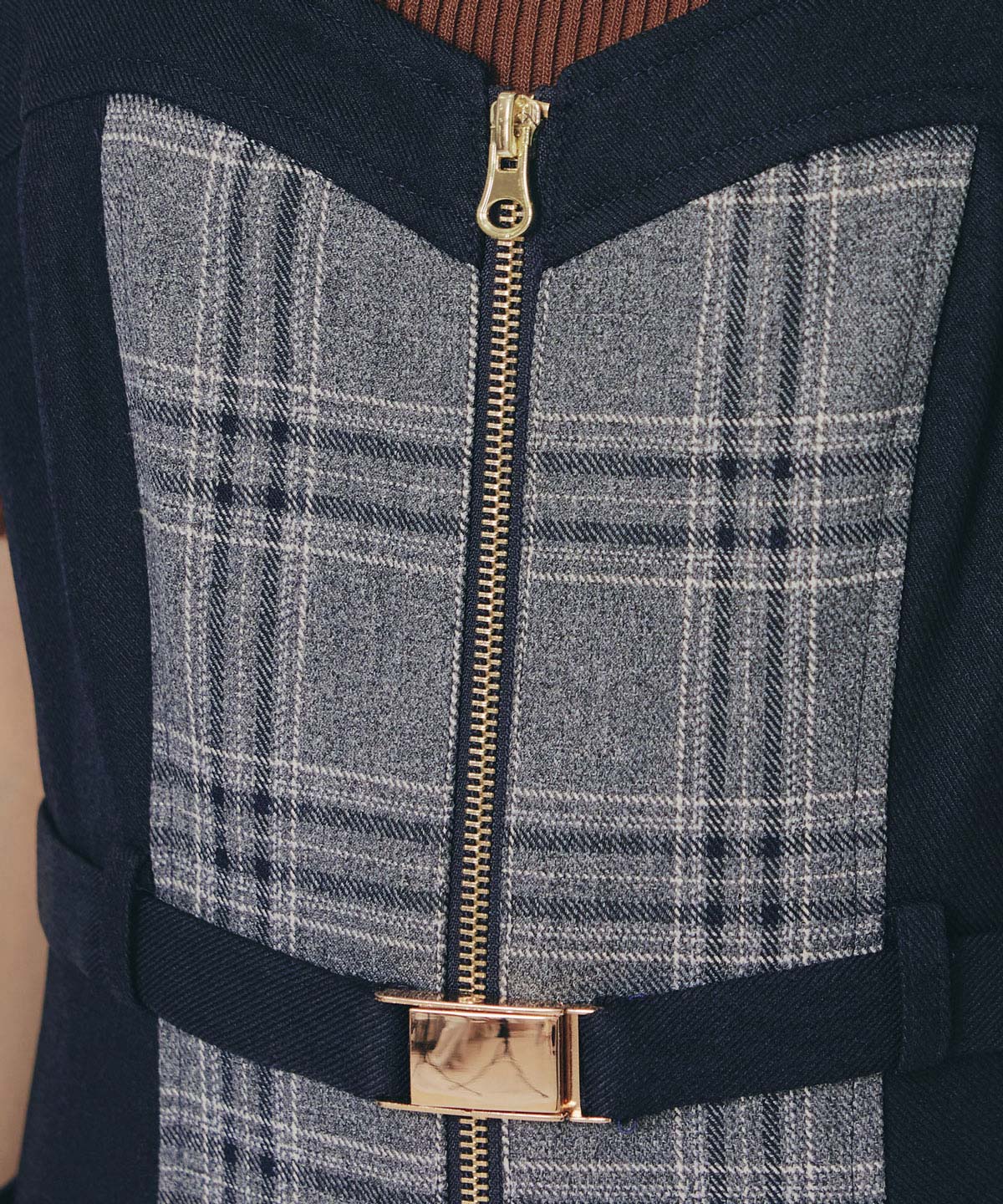 フロントジップバイカラーチェックワンピース