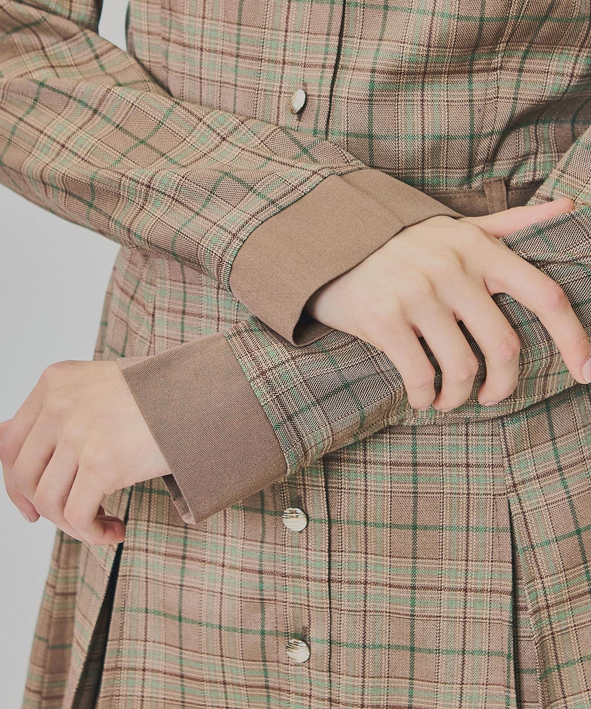 バイカラーチェックボックスプリーツシャツミニワンピース