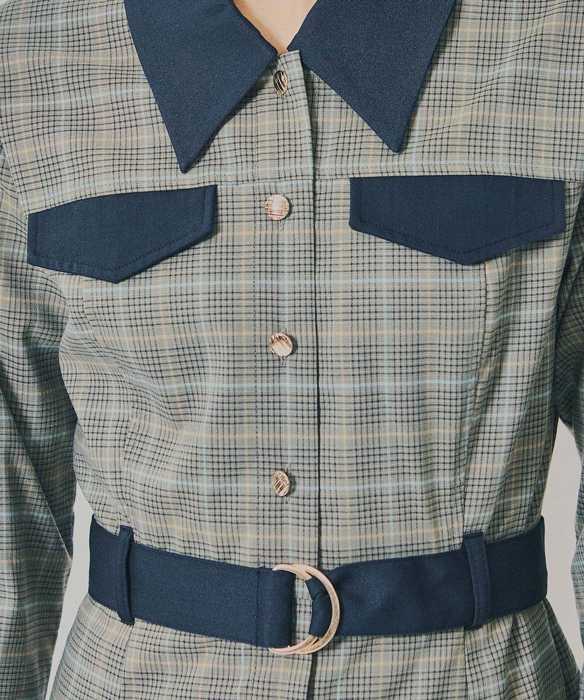 バイカラーチェックボックスプリーツシャツミニワンピース