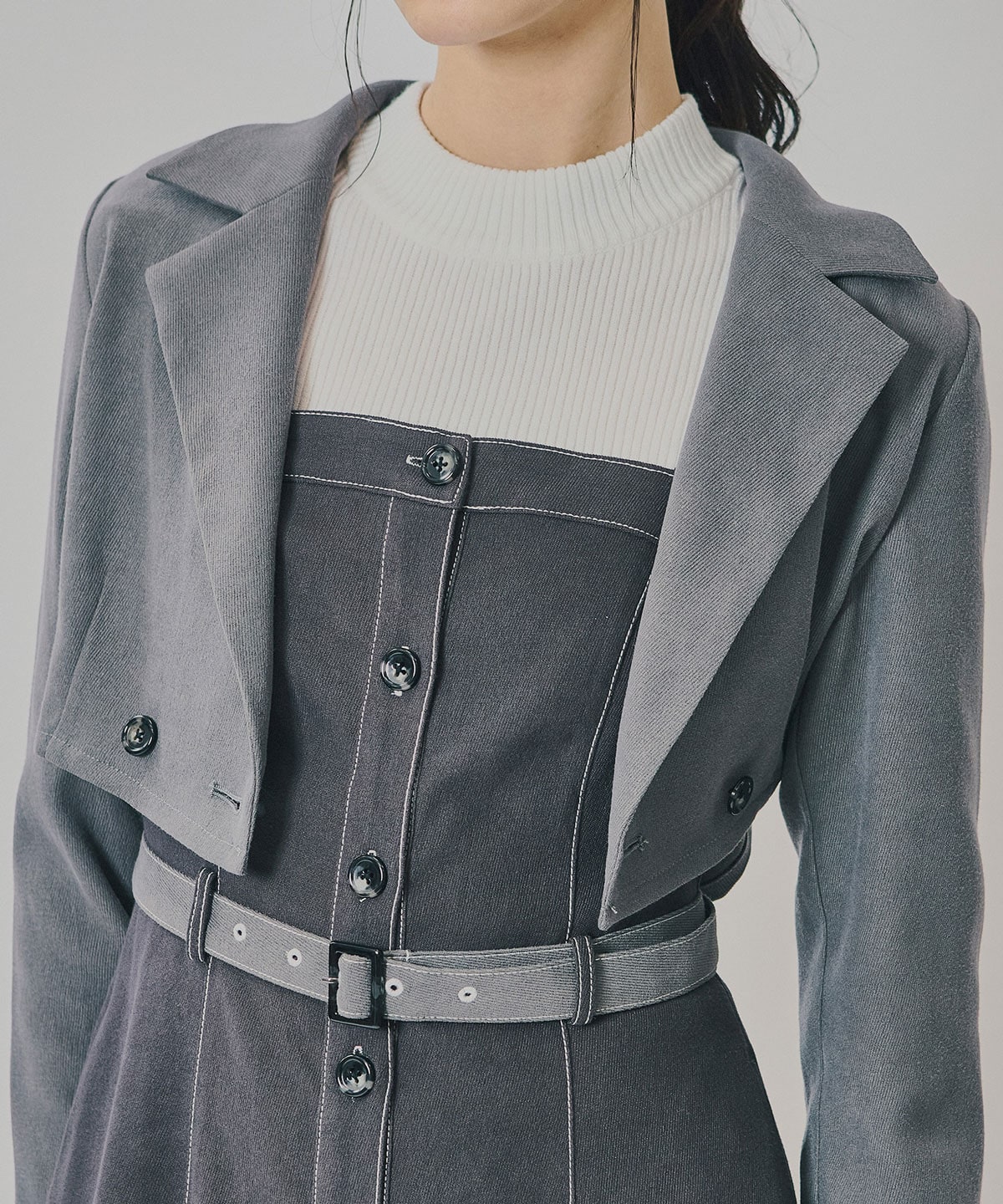 スエードライクショートジャケット×バイカラーワンピースセットアップ