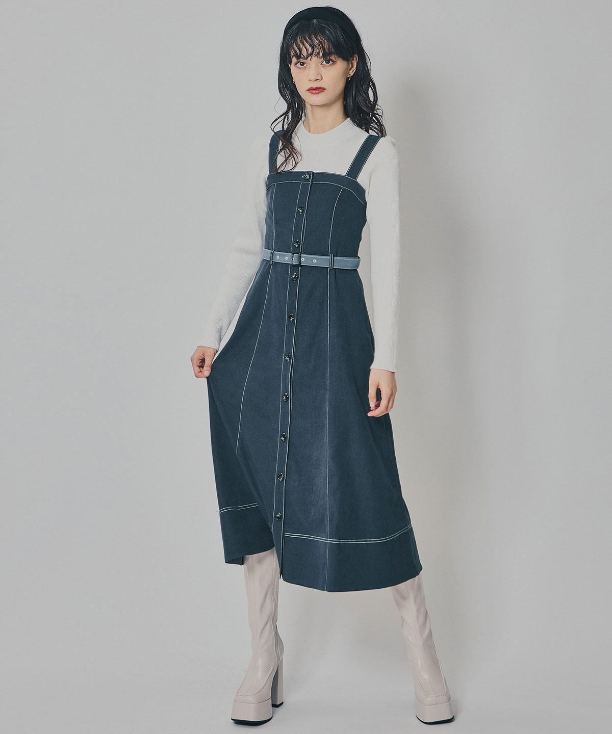 スエードライクショートジャケット×バイカラーワンピースセットアップ